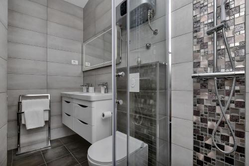 a bathroom with a shower and a toilet and a sink at Villa No stress in Drasnice