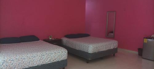 two beds in a room with pink walls at Casas Teoli Casita Rosa in Valladolid