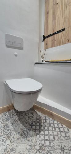 a bathroom with a white toilet in a room at Cocon du Papillon à Lourmarin in Lourmarin