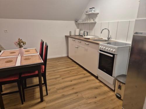 uma cozinha com uma mesa, um lavatório e um fogão em Orhidea em Ljubljana