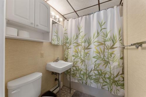 uma casa de banho com uma cortina de chuveiro e um lavatório em 404 E Denver Ave, Unit 403 em Wildwood Crest