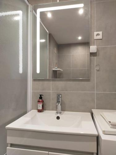 une salle de bain avec un lavabo blanc et un miroir dans l'établissement Agréable Studio CALAIS PLAGE Bord de Mer, Parking, à Calais