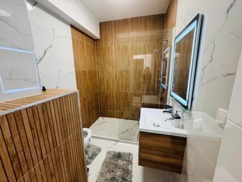 a bathroom with a toilet and a sink and a shower at Sinuhe Apartment in Braşov