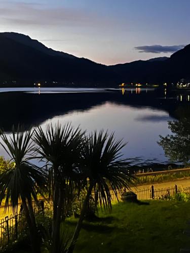 a view of a lake at night with palm trees at MacLeen Cottage in Arrochar