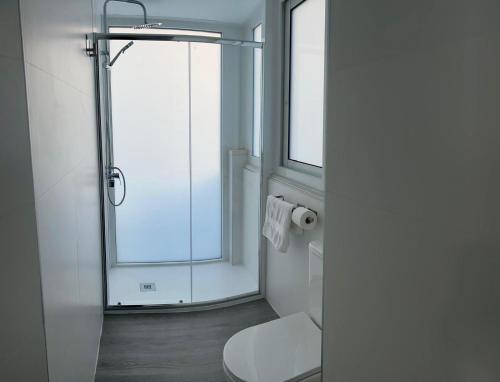 a bathroom with a shower and a toilet and a window at Verdial 1 Atico in Cala del Moral