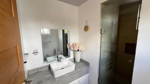 a bathroom with a sink and a mirror and a shower at APARTAMENTO BOCA DEL MAR EN BOCA CHICA in Cuevas