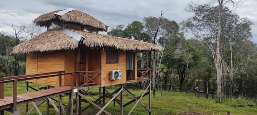 Iranduba的住宿－Bioma EcoLodge，茅草屋顶的小型木制小屋