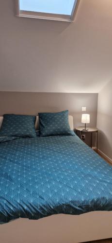 une chambre avec un lit avec une couette bleue dans l'établissement Au Pied de la BASILIQUE, à Bourg-en-Bresse