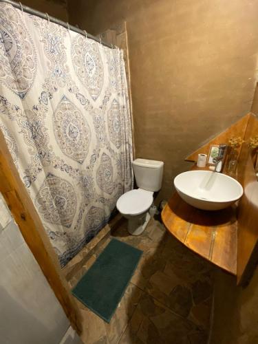 a bathroom with a toilet and a sink and a shower curtain at Eco habitación en Tierra Fértil Eco Posada in Santa Ana