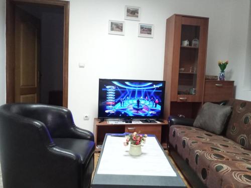 a living room with two leather chairs and a television at Apartman Mladenovic Center, free parking&wifi in Vranje