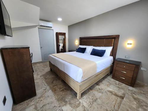 a bedroom with a large bed and a television at Hotel Roque in Torreón