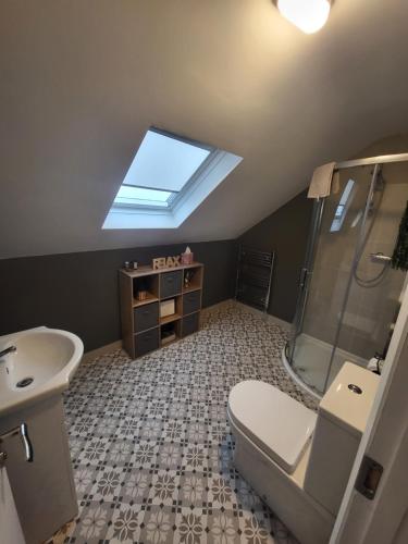 La salle de bains est pourvue de toilettes, d'un lavabo et d'une lucarne. dans l'établissement New 3 bedroom apartment by the beach Belmullet., à Belmullet