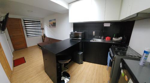 eine Küche mit einer schwarzen Arbeitsplatte und einem Waschbecken in der Unterkunft Nui 1 in Punta Arenas