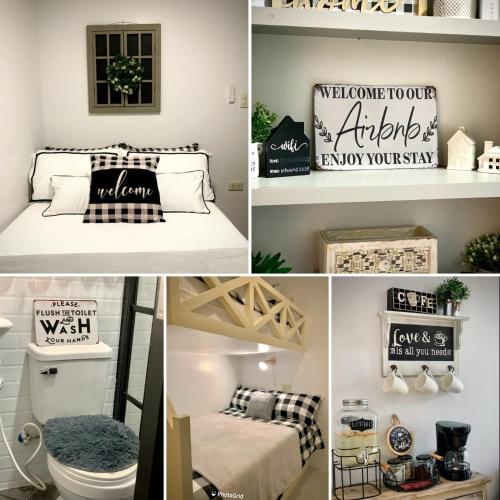 un collage de fotos de un dormitorio con cama y estante en InHouse, en Cabanatúan