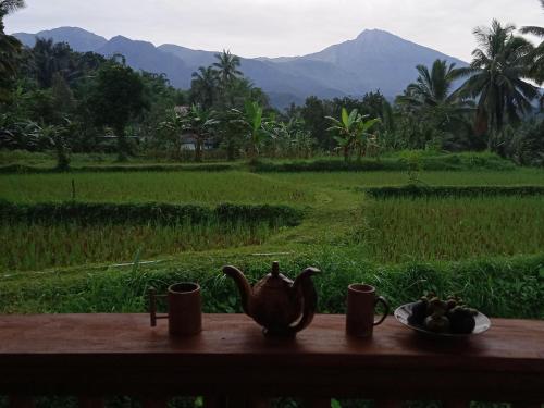 a table with a tea kettle and a plate of fruit at Coconut Homestay Tetebatu in Tetebatu