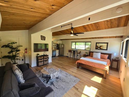 a living room with a bed and a couch at A Restful Studio Near a Creek and Forest - Pet Friendly in Roseburg