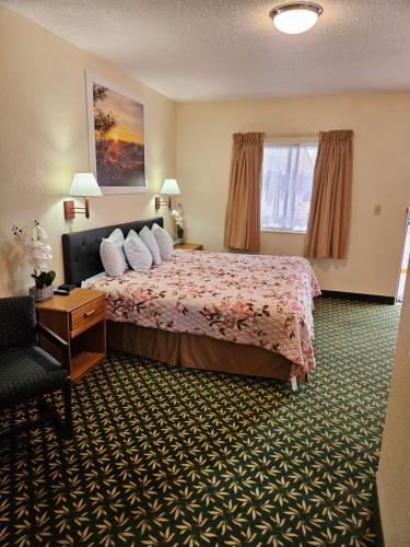Habitación de hotel con cama y silla en Travel Inn Motel, en Canon City
