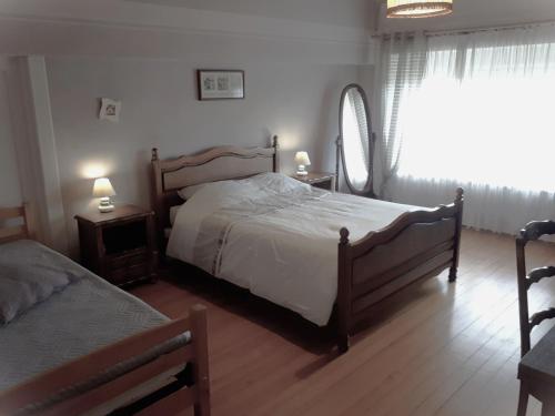 a bedroom with two beds and a mirror and a window at Spacieux gîte familial avec jardin et salle de jeux, proche de Center Parcs et des Vosges - FR-1-584-45 in Repaix