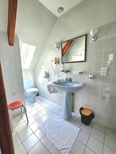 une salle de bain avec un lavabo et des toilettes dans l'établissement Chambres d'Hotes chez Renée, à Le Charmel