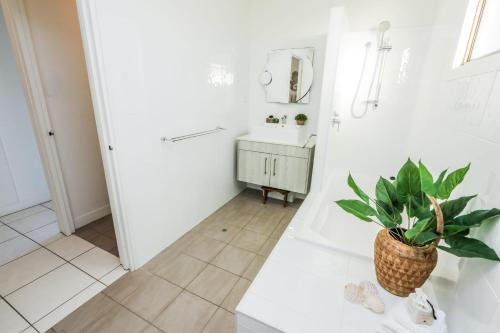 a bathroom with a sink and a potted plant at A Lure - A 2-minute walk to the pristine beach! in Agnes Water