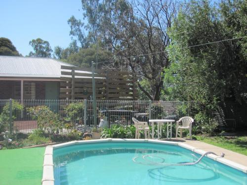 a swimming pool with a table and chairs in a yard at Barham Colonial Motel in Barham