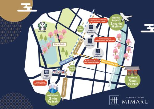 a map of minamiu with cities and attractions at MIMARU Tokyo Ueno East in Tokyo