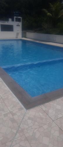 a large blue swimming pool with a tile floor at Sítio Capricho in Alhandra