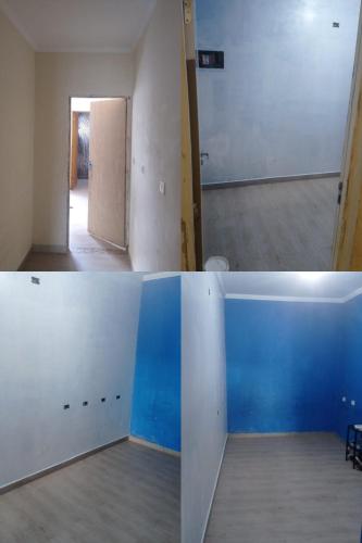 two photos of an empty room with a door and a hallway at Casa Tranquila em Itu in Itu