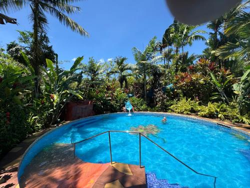 una piscina en un complejo con palmeras en Blue River Resort & Hot Springs en Colonia Dos Ríos