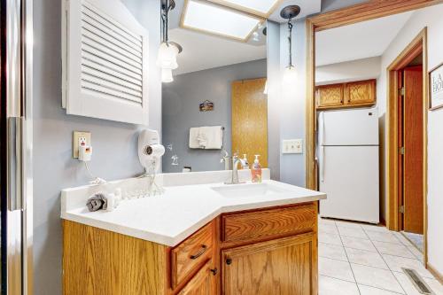 a bathroom with a sink and a refrigerator at Light House 603 in Wisconsin Dells