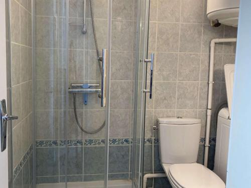 La salle de bains est pourvue d'une douche et de toilettes. dans l'établissement Studio proche des thermes avec loggia, cuisine équipée et électroménager complet - FR-1-553-255, à Balaruc-les-Bains