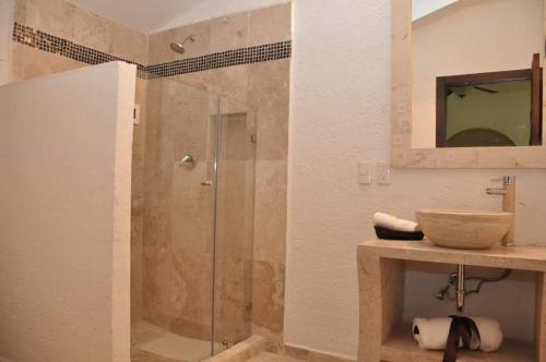 La salle de bains est pourvue d'une douche avec une porte en verre. dans l'établissement Hotel boutique sana, à Cuernavaca
