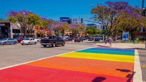 a rainbow colored crosswalk on a city street at Cloud II Los Angeles at Beverly Hills in Los Angeles