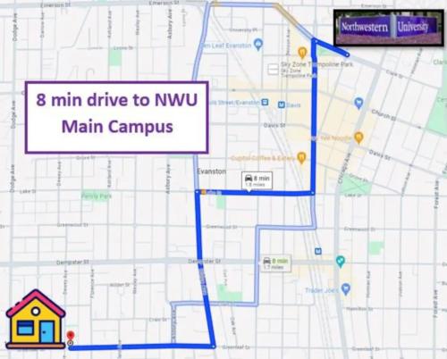a map with a km drive to nvm main campus at GL- Great Location, Free Parking, Spacious, Private Office & Family Friendly in Evanston