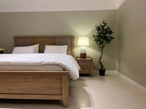 a bedroom with a bed and a lamp and a plant at بوتيك هاوس بدخول ذاتي وصالة أنيقة in Hail