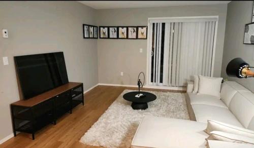 勞埃德明斯特的住宿－Daisy home- one bedroom apartment，客厅配有白色沙发和电视