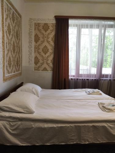 a bed in a bedroom with a large window at Sanahin OLD&NEW in Alaverdi