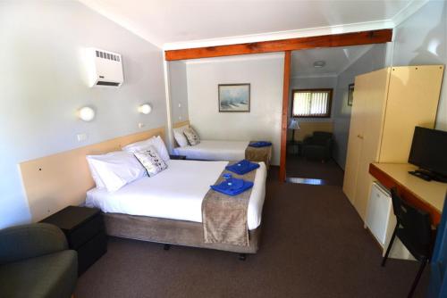 a hotel room with a bed and a television at Narooma Motel in Narooma