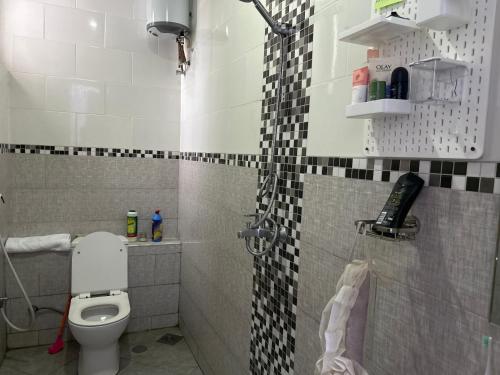 a small bathroom with a toilet and a shower at Amaan in Dar es Salaam