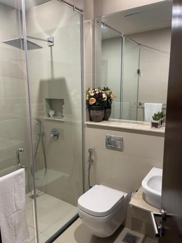a bathroom with a shower and a toilet and a sink at 1 Bedroom Furnished Apartment at Eighteen Islamabad in Islamabad
