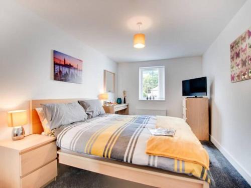 a bedroom with a large bed and a television at Skinningrove Apartment six in Skinningrove