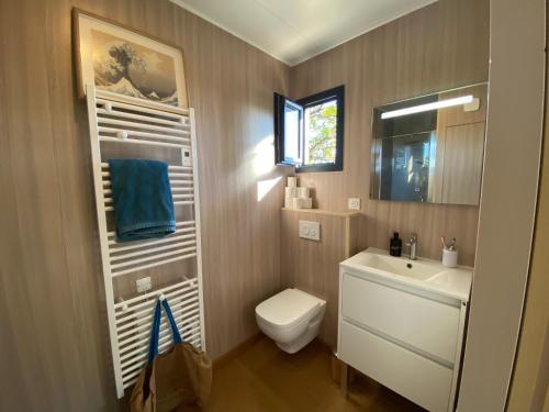 a bathroom with a white toilet and a sink at Tiny House en lisière de forêt in Les Mages