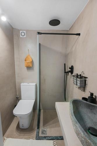 a bathroom with a toilet and a sink and a tub at Alfa Loft (by Lemon Tree Houses) in Vrahati