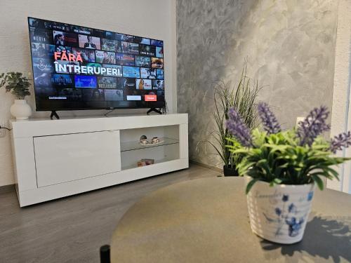 a living room with a tv and a table at Mona Central Apartment in Hunedoara