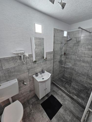 a bathroom with a shower and a toilet and a sink at Mona Central Apartment in Hunedoara
