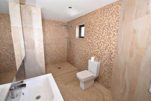 a bathroom with a toilet and a shower and a sink at No50 Luxury 3Bed3Bath with EV Charger in Letterkenny