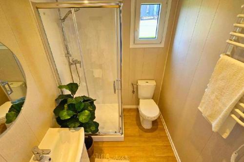 ein Bad mit einer Dusche, einem WC und einem Waschbecken in der Unterkunft Gökaskratts Camping in Hovmantorp