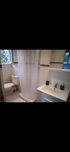 une salle de bain avec un lavabo et un rideau de douche dans l'établissement Villa Chrispas, à Cavalaire-sur-Mer