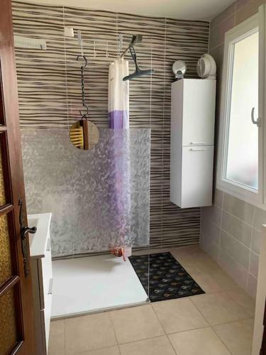 une salle de bain avec une douche avec un lavabo et une fenêtre dans l'établissement Agréable ancienne maison de ville, au Château-dʼOléron