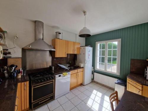 - une cuisine avec des murs verts, une cuisinière et un réfrigérateur dans l'établissement Holiday Home in Terenez by 8 Stunning Beaches, à Plougasnou